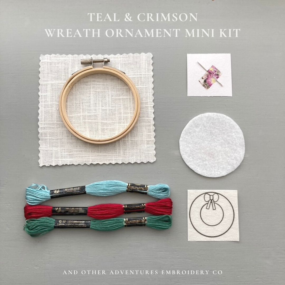 Teal & Crimson Wreath Ornament Mini Kit by And Other Adventures Embroidery Co