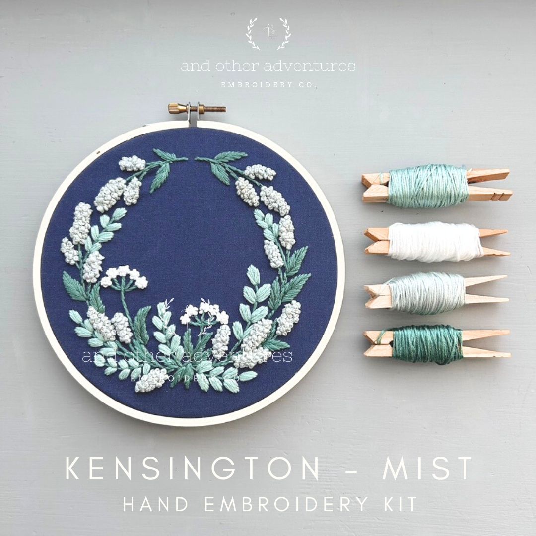Kensington Mist hand embroidery kit with navy fabric by And Other Adventures Embroidery Co