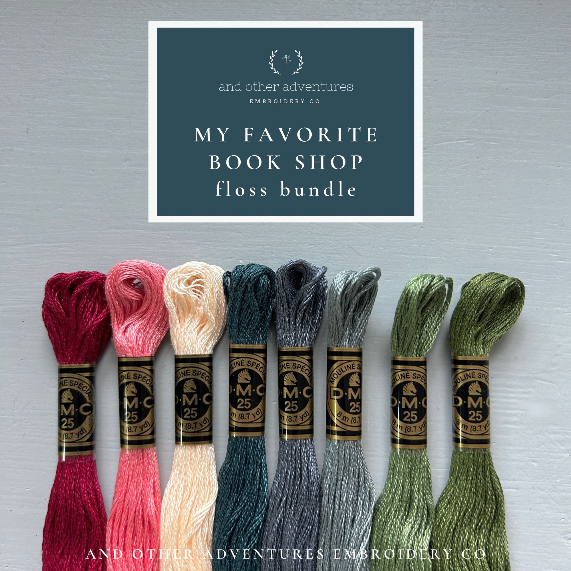 My Favorite Bookshop - literary inspired DMC floss bundle curated by And Other Adventures Embroidery Co