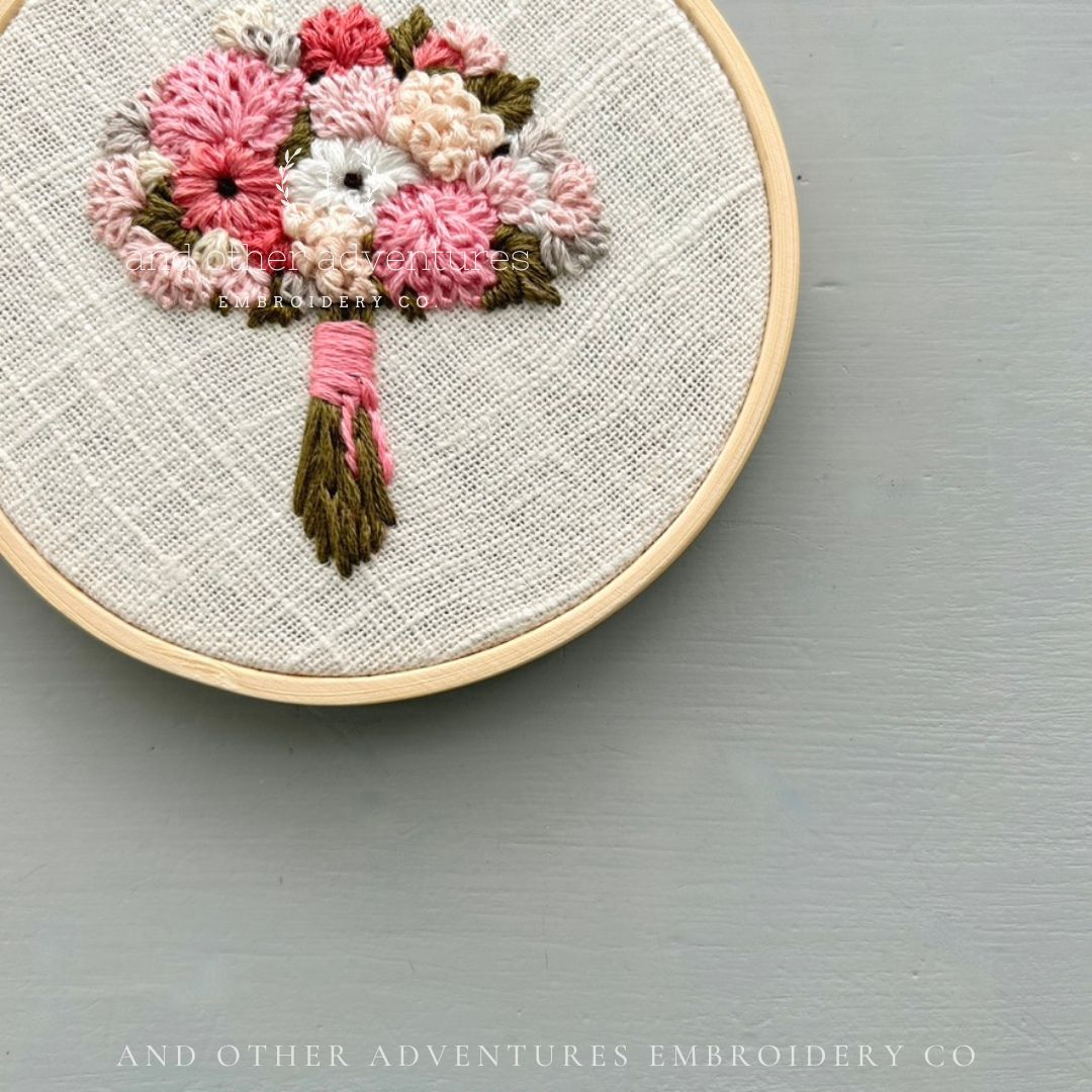 Romantic Pink and Ivory Flower Bouquet art hand embroidered by And Other Adventures Embroidery Co
