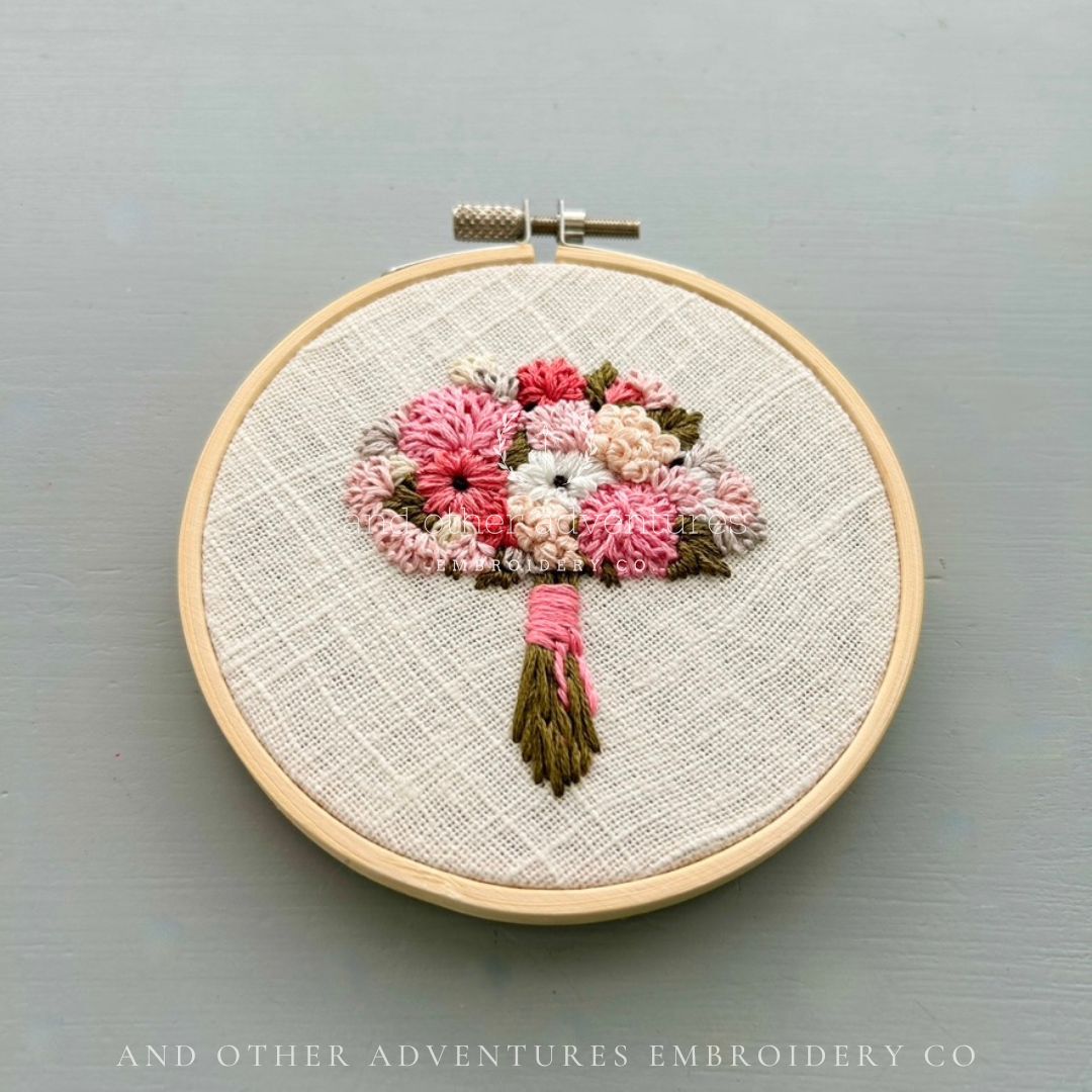 Lush Pink Flower Bouquet art hand embroidered by And Other Adventures Embroidery Co