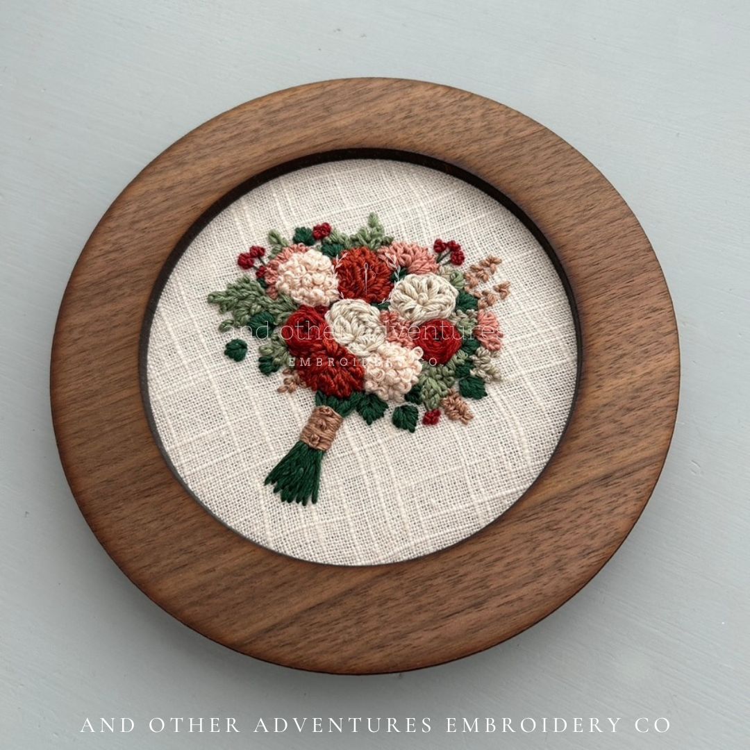 Framed embroidered fall bouquet art by And Other Adventures Embroidery Co
