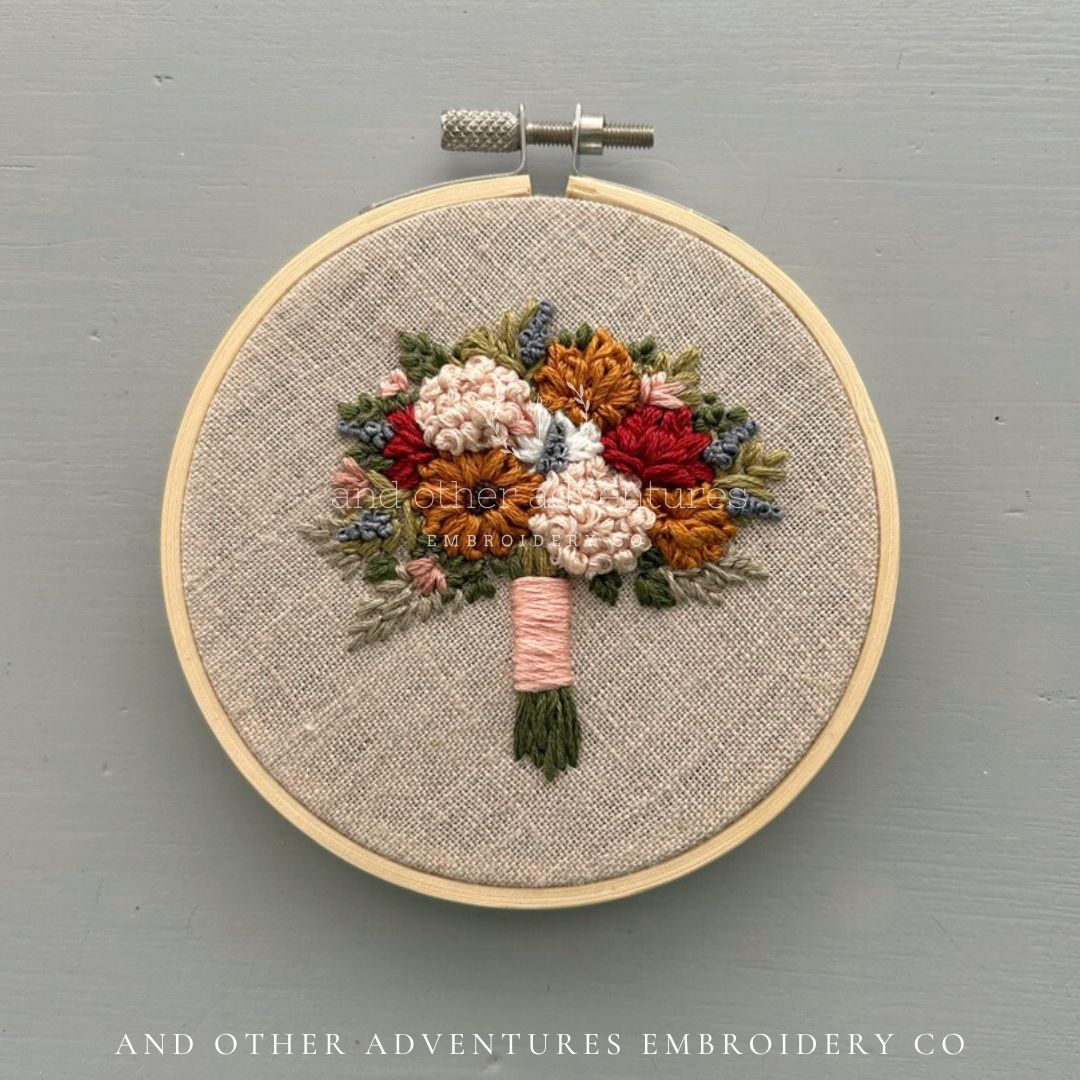 Autumn hand embroidered floral bouquet art stitched by And Other Adventures Embroidery Co