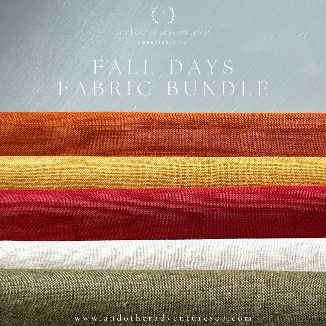 Fabric bundle with fall colors featuring 'and other adventures' branding.