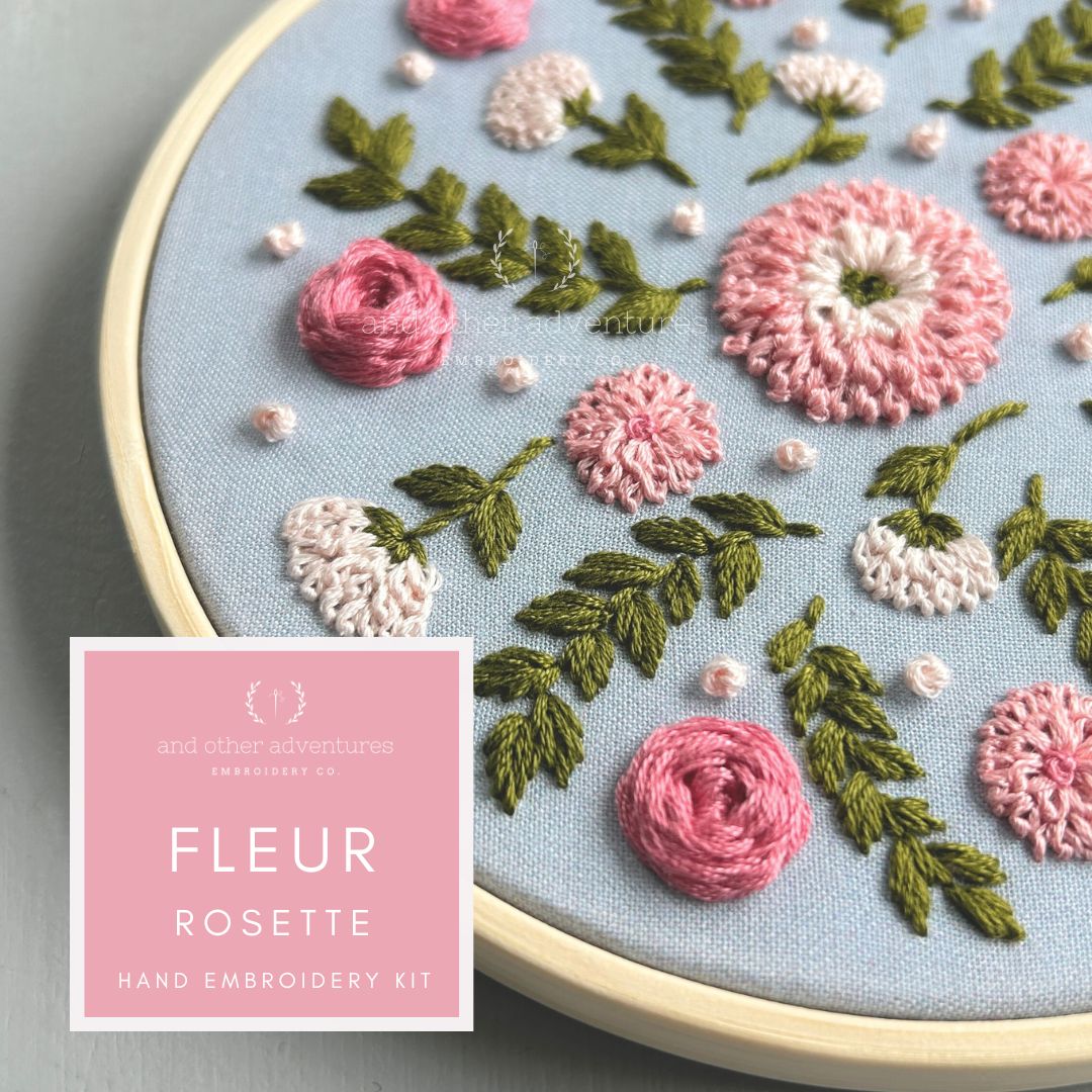 Embroidery hoop with pink floral design - Fleur Rosette hand embroidery kit by And Other Adventures Embroidery Co