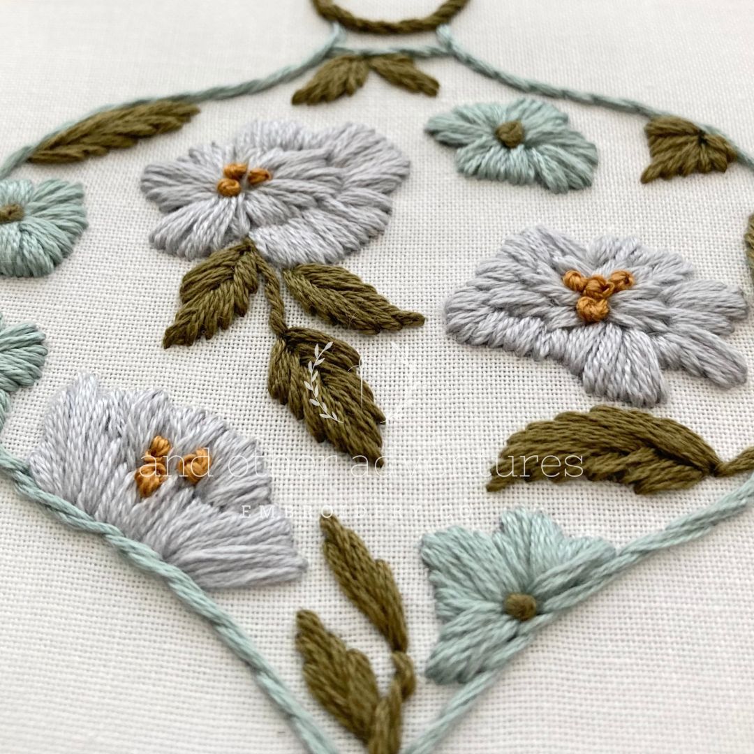 Hand Embroidery Kit - Floral Ornament in Muted Aqua