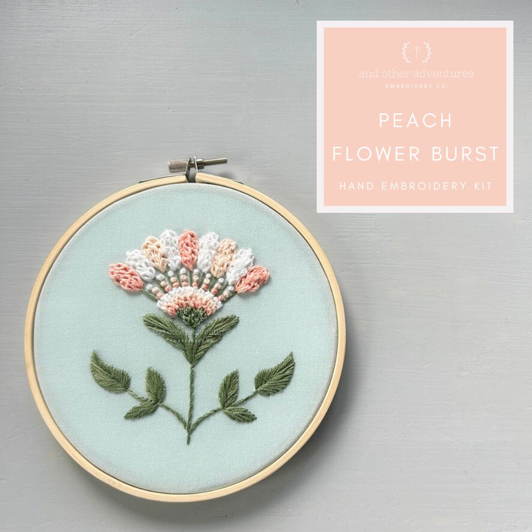 Hand Embroidery kit that can be completed in 1 weekend - Peach Flower Burst design by And Other Adventures Embroidery Co