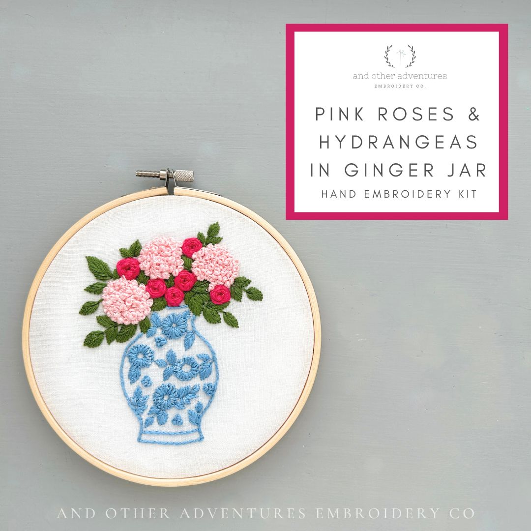 Pink Roses & Hydrangea Chinoiserie Hand Embroidery Kit by And Other Adventures Embroidery Co