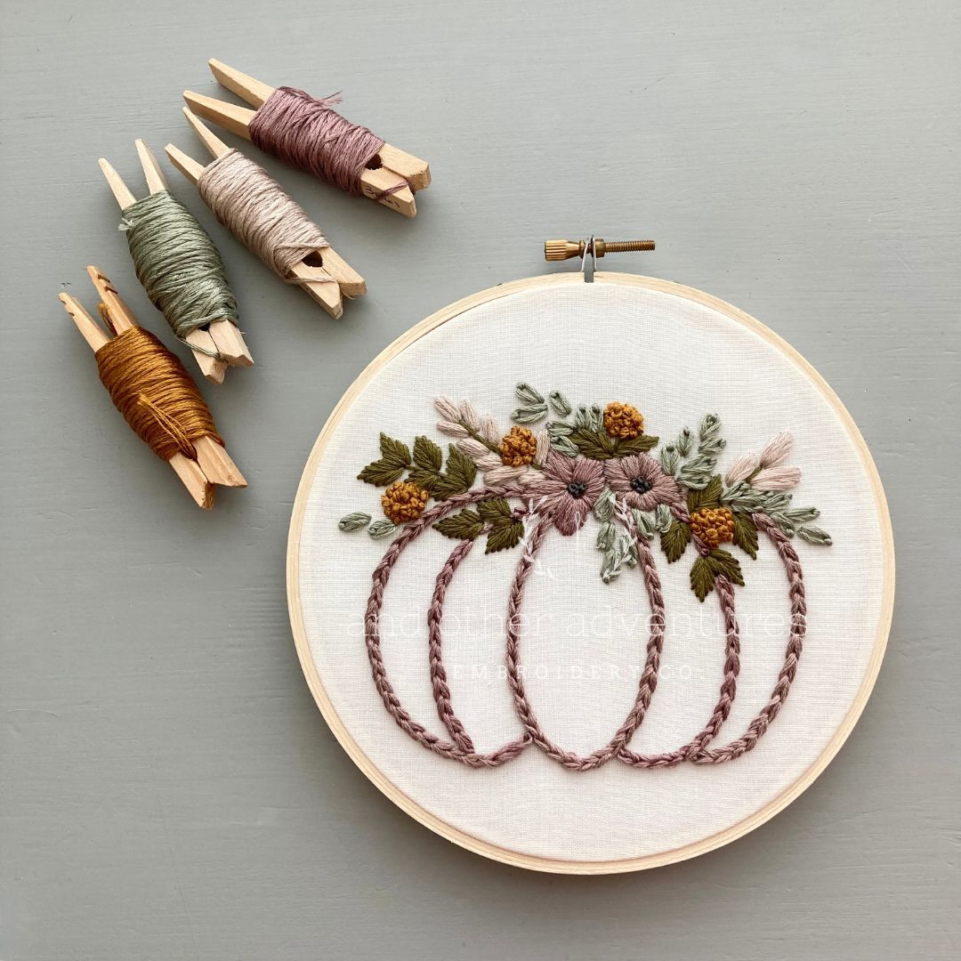 Spooky Pumpkin Embroidery Hoop Art project for beginners by And Other Adventures Embroidery Co