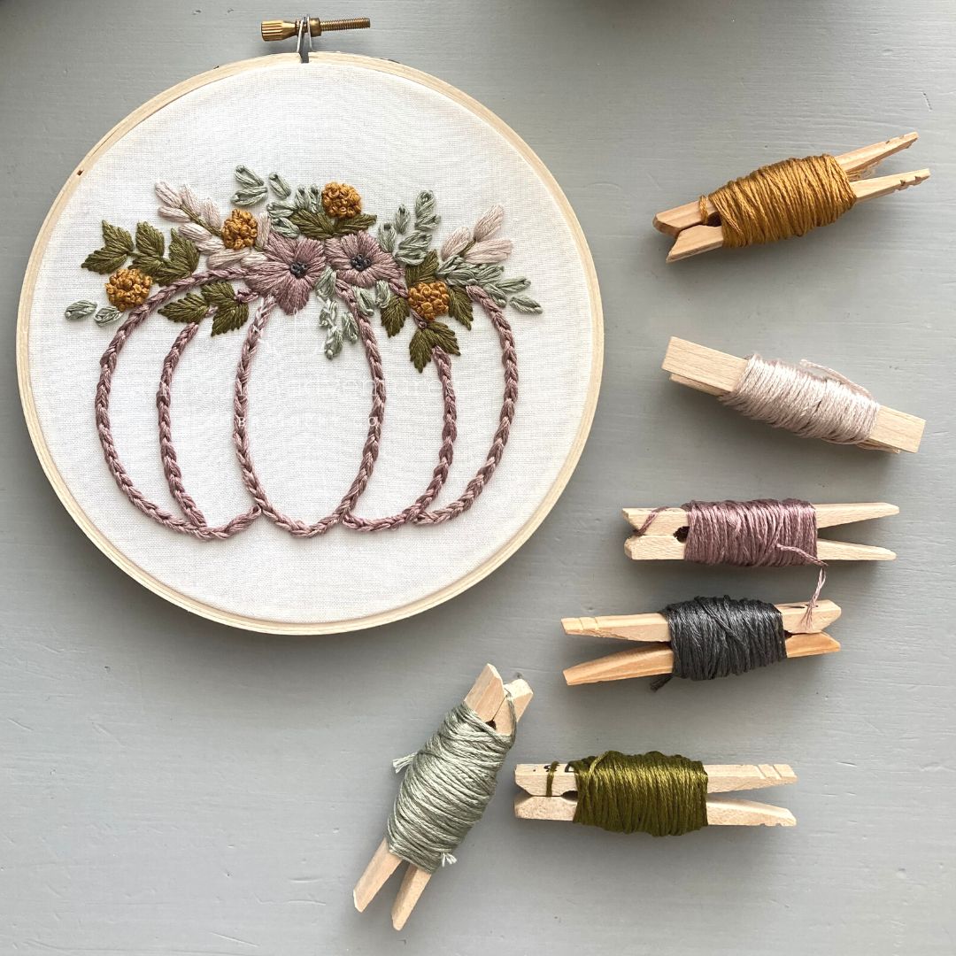 Hand Embroidered Pumpkin with Flower DIY Embroidery Hoop by And Other Adventures Embroidery Co