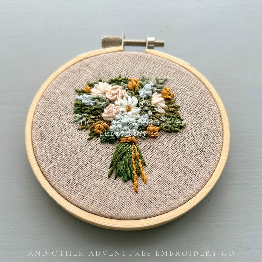 Muted Mustard and Ivory Fall Flower Bouquet hand embroidered on linen created by And Other Adventures Embroidery Co