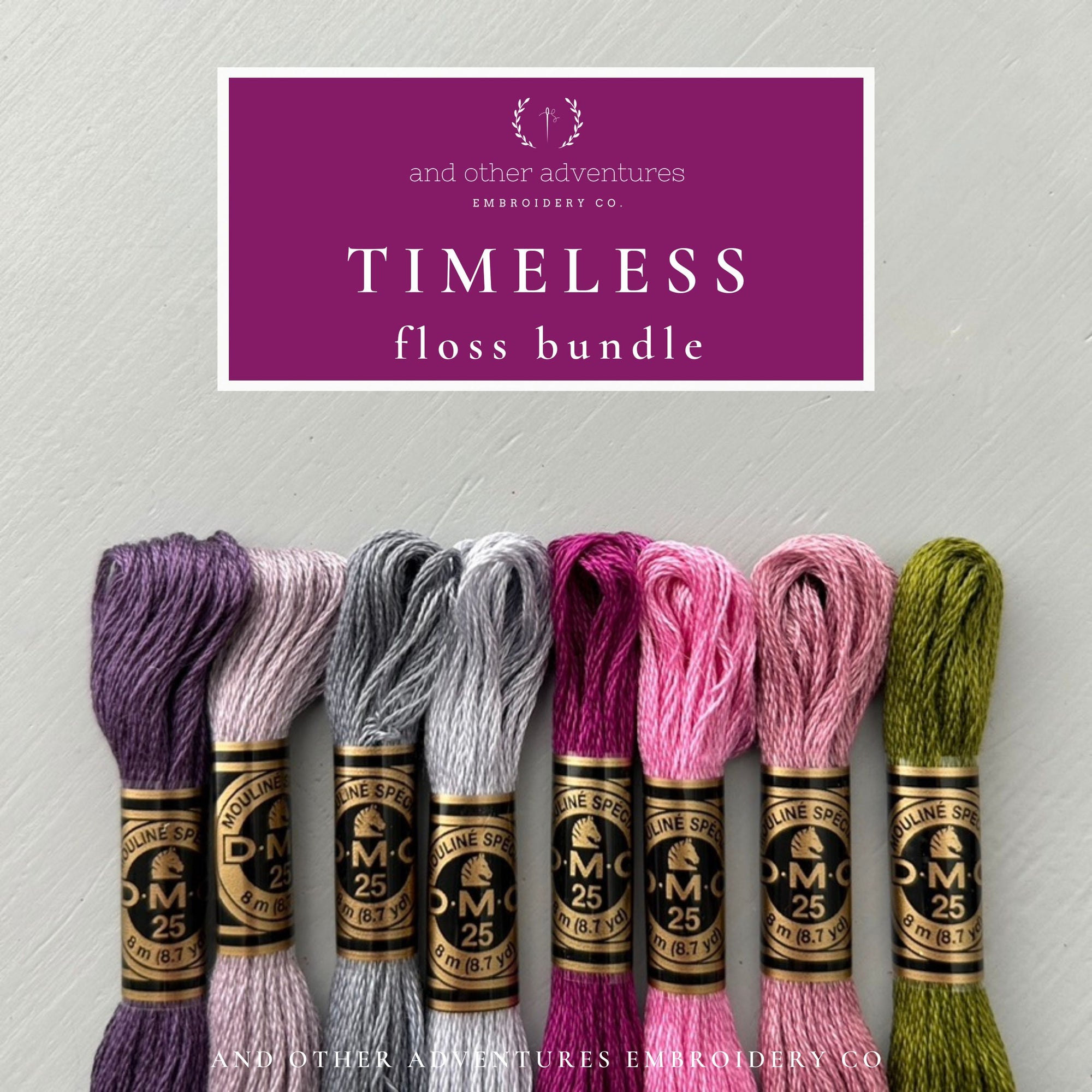 Elegant Purple, Pink, and Green DMC floss bundle curated by And Other Adventures Embroidery Co