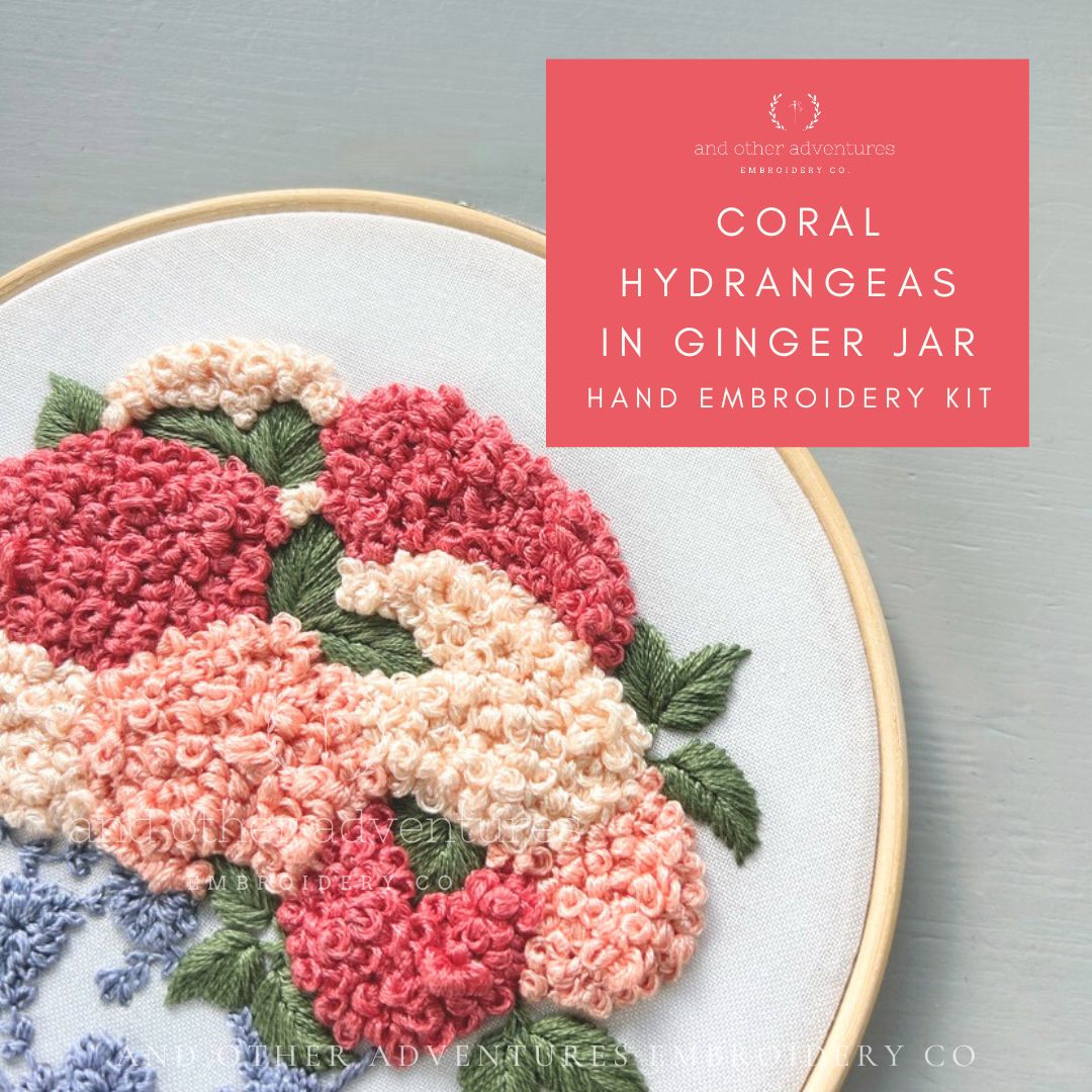 Coral and peach hydrangea art craft embroidery kit by And Other Adventures Embroidery Co