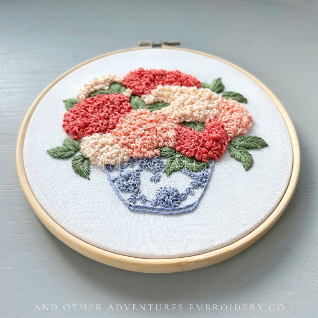 Hydrangeas in Ginger Jar -hand embroidery craft kit that can be completed in 1 weekend. Designed and sold by And Other Adventures Embroidery Ci