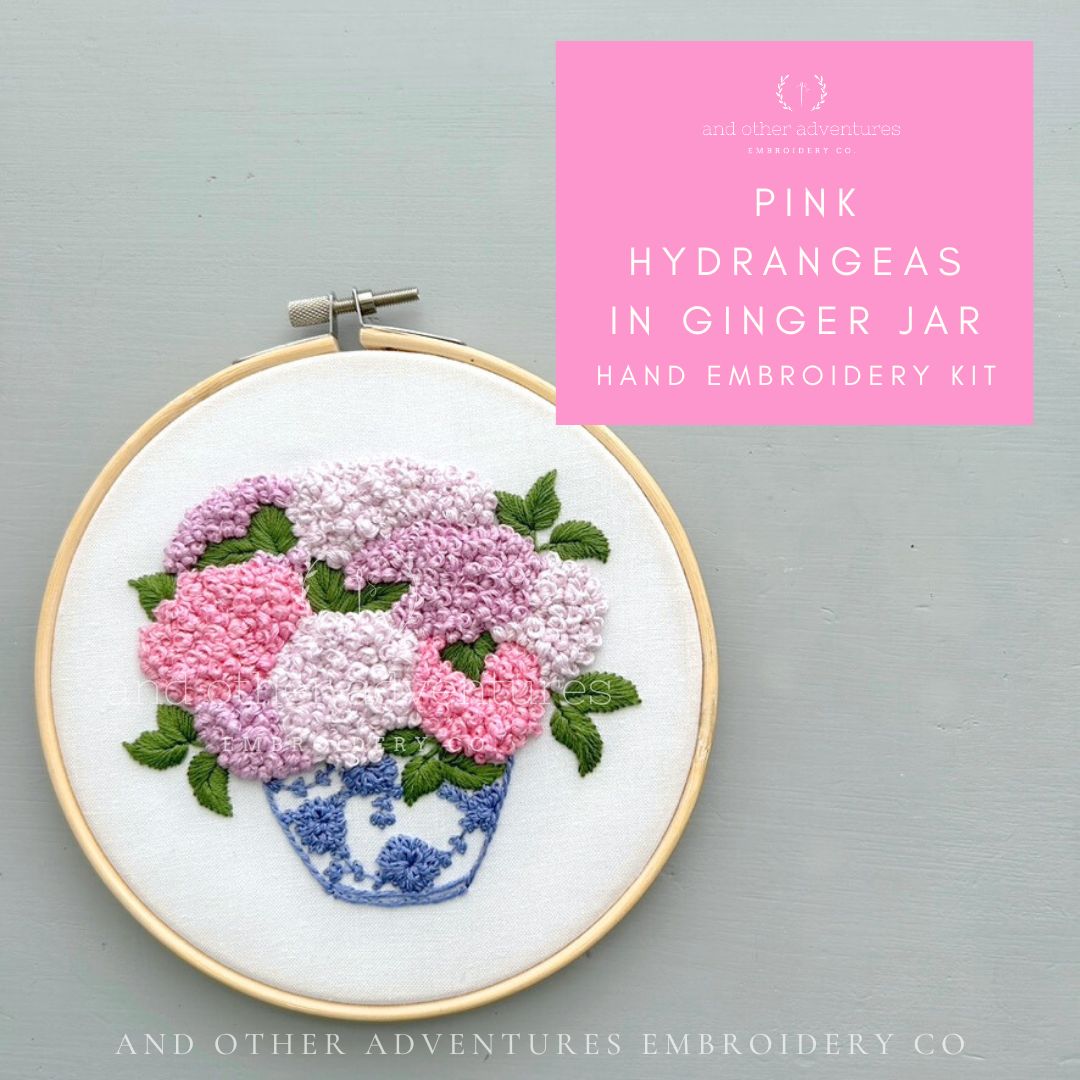 Pink Hydrangeas in Ginger Art Embroidery Kit by And Other Adventures Embroidery Co