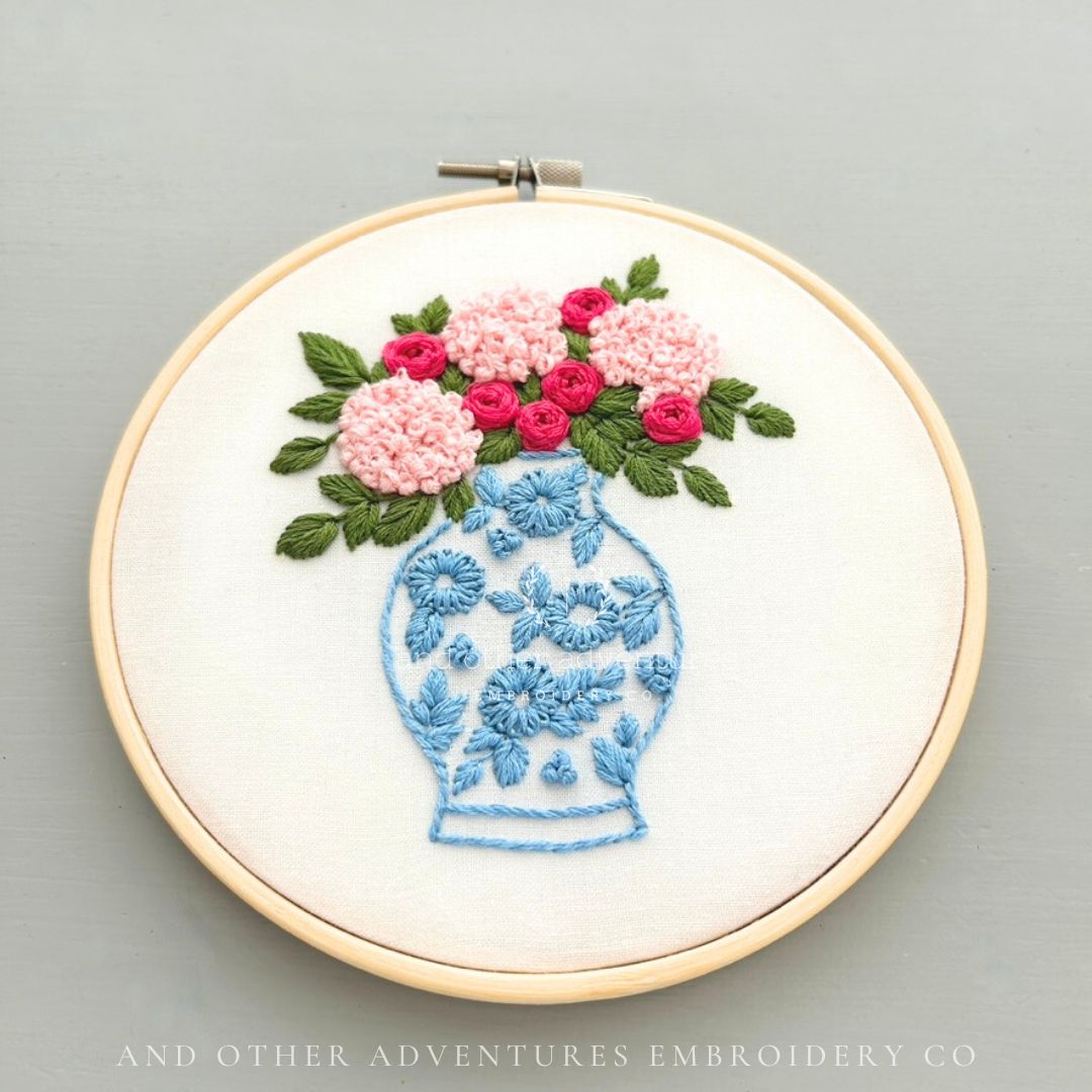 Hand Embroidered Pink Roses & Hydrangeas in blue ginger jar - Grandmillenial Craft Project by And Other Adventures Embroidery Co