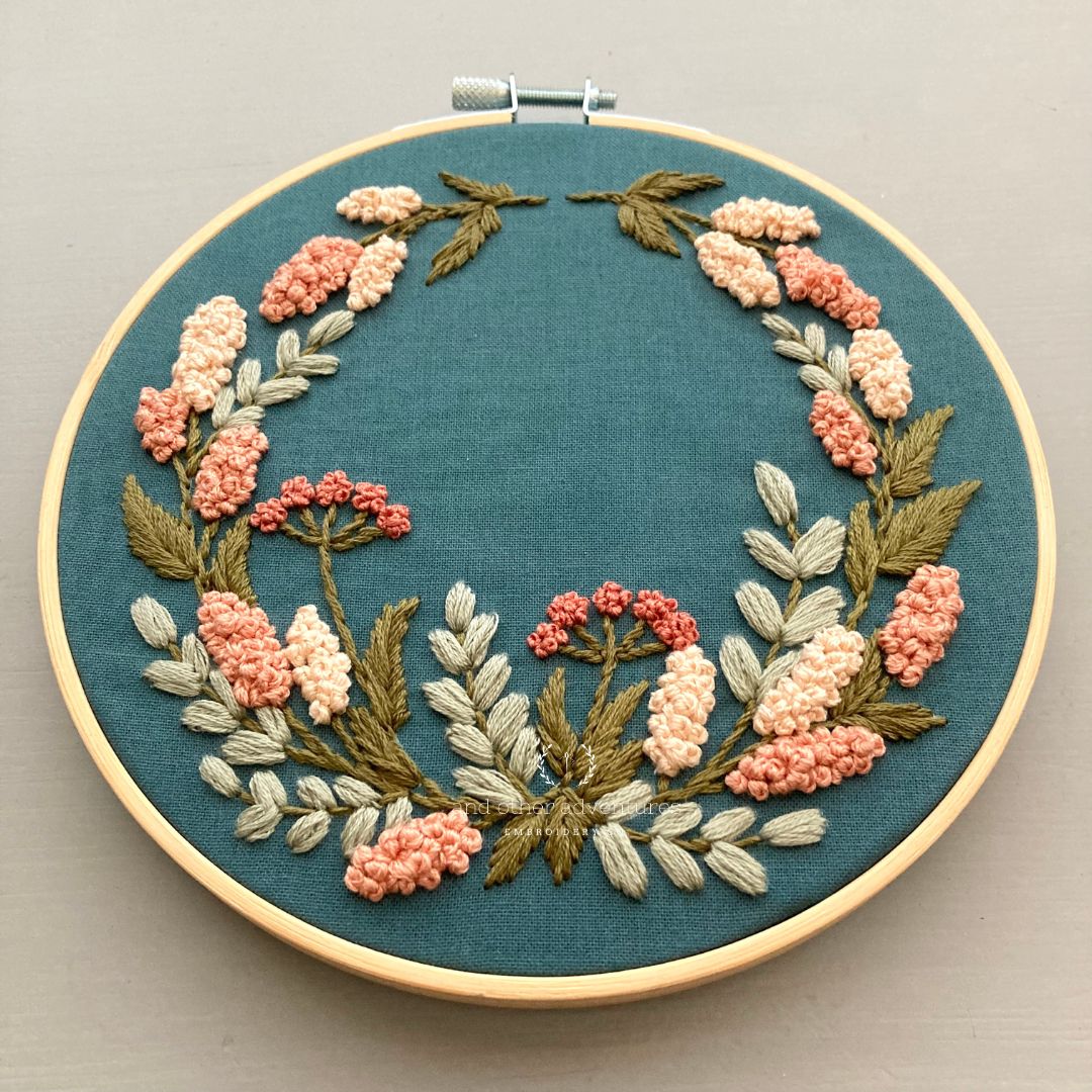 Add your own anniversary date to this hand embroidered floral wreath embroidery kit by And Other Adventures Embroidery Co