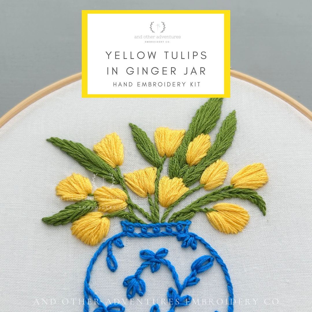 Yellow Tulips in Blue Ginger Jar Hand Embroidery Kit by And Other Adventures Embroidery Co