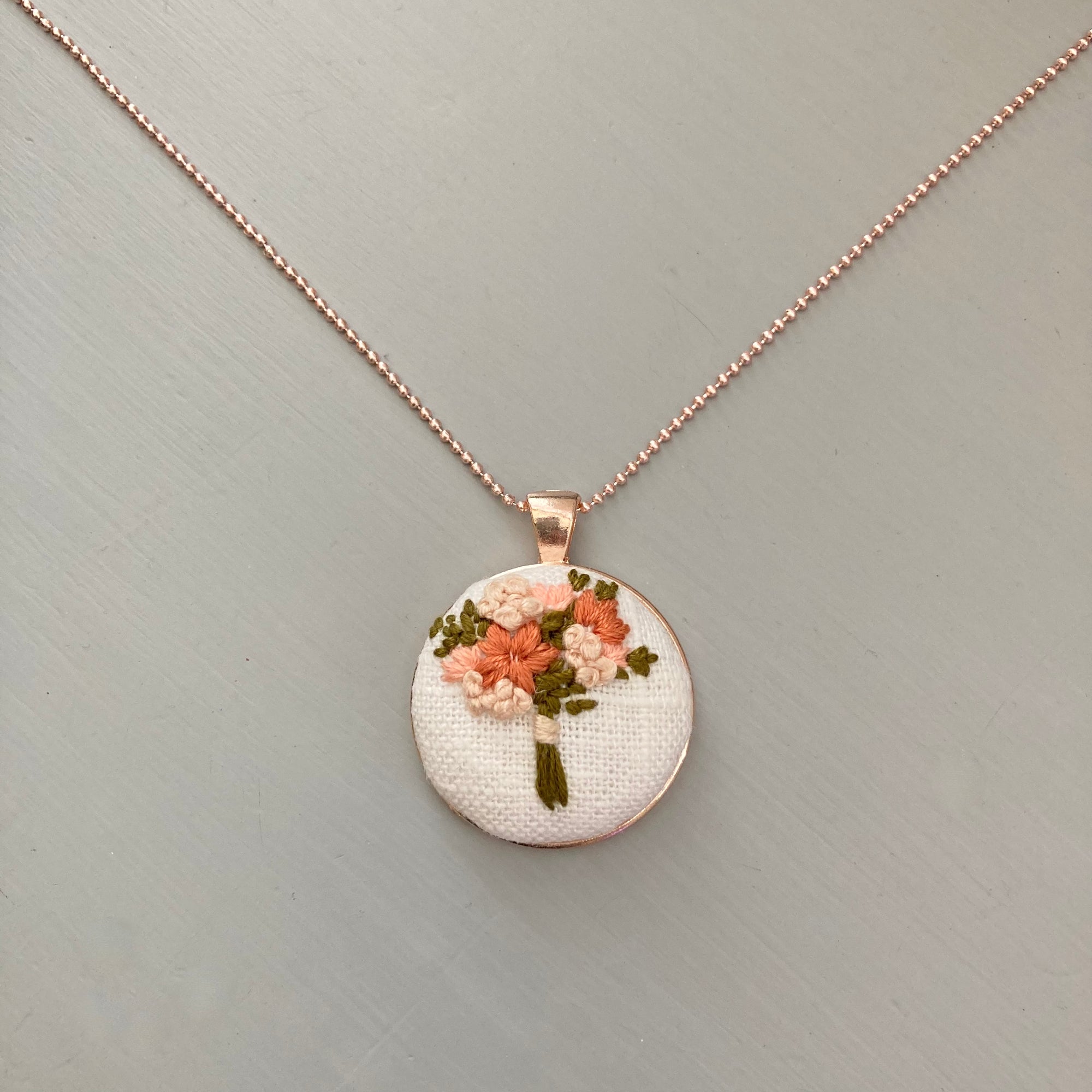 Rose Gold Necklace with hand stitched romantic florals by And Other Adventures Embroidery Co