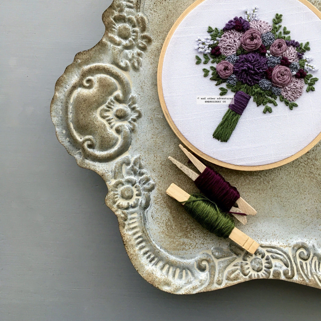 Dark and Moody Rich Purple and Green Flower Bouquet DIY Hoop Art Embroidery Kit | And Other Adventures Embroidery Co