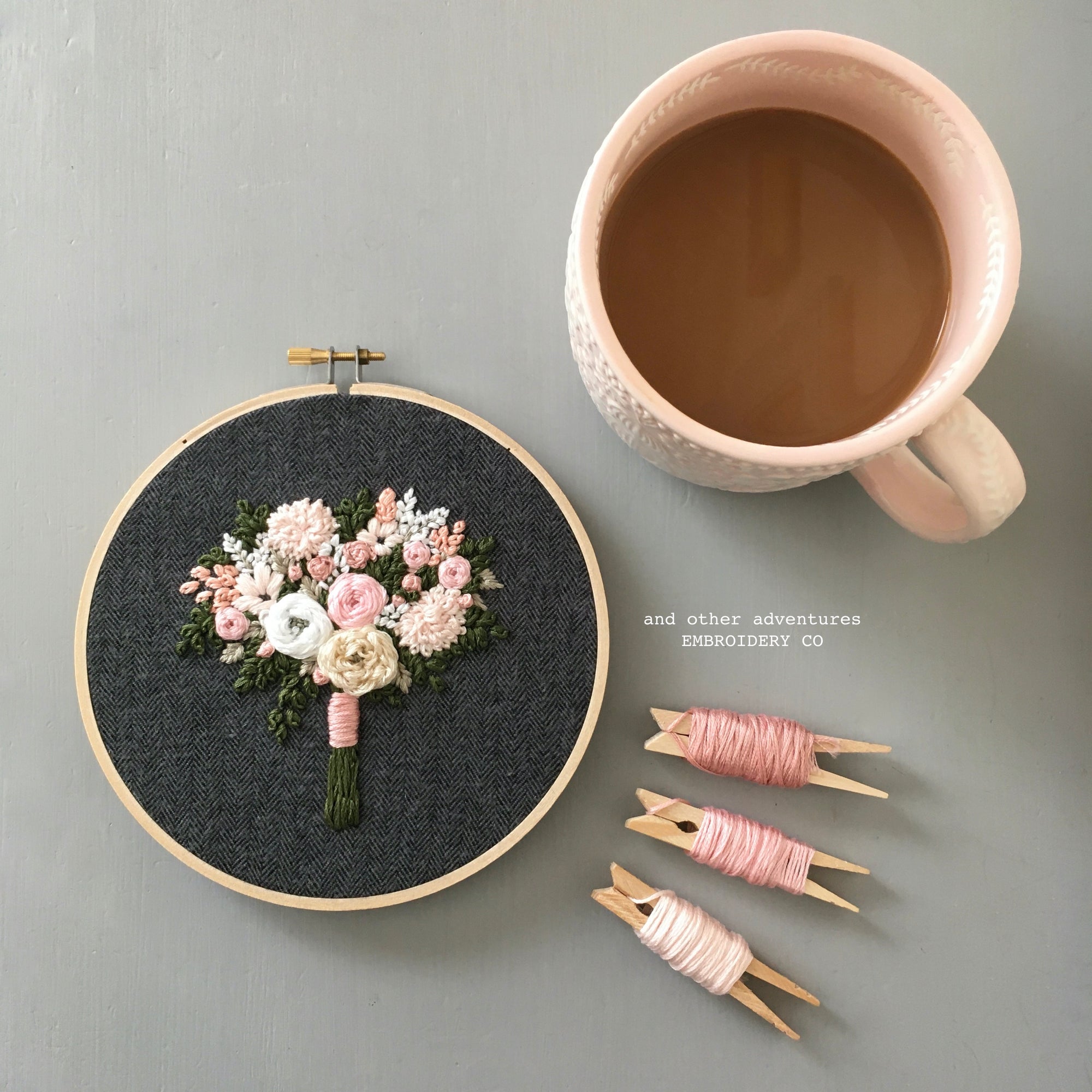 Coffee and Hand Embroidery Flower Bouquet Hoop Art by And Other Adventures Embroidery Co