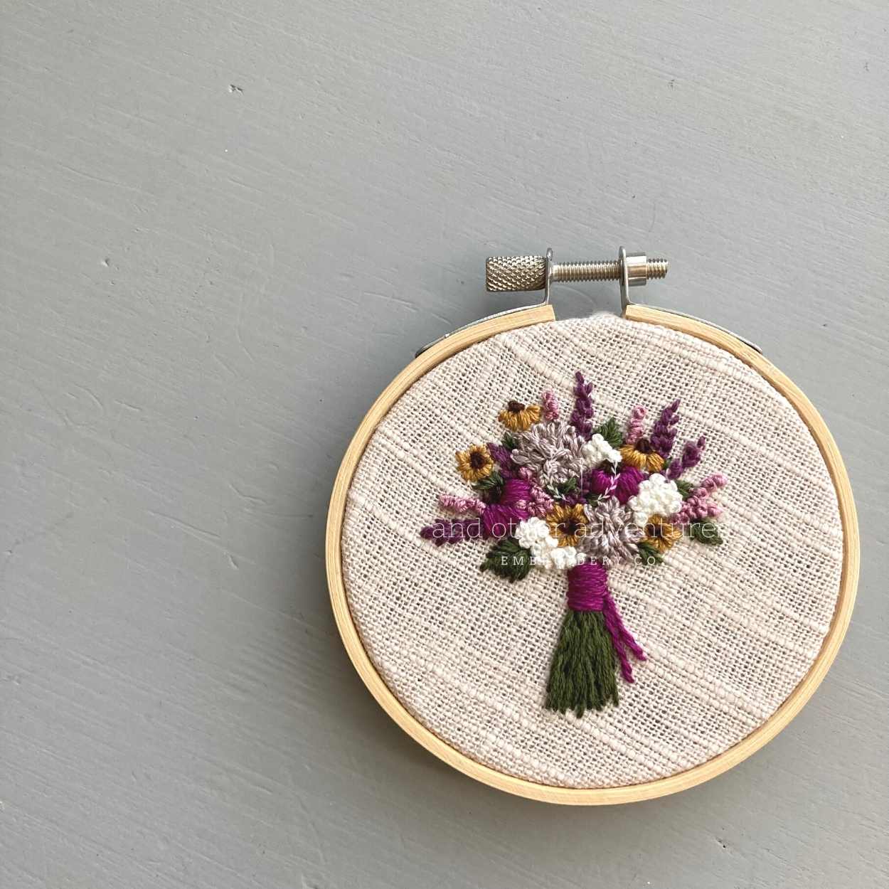 Hand Stitched Mustard and Purple Fall Flower Bouquet - Original Embroidery by And Other Adventures Embroidery Co