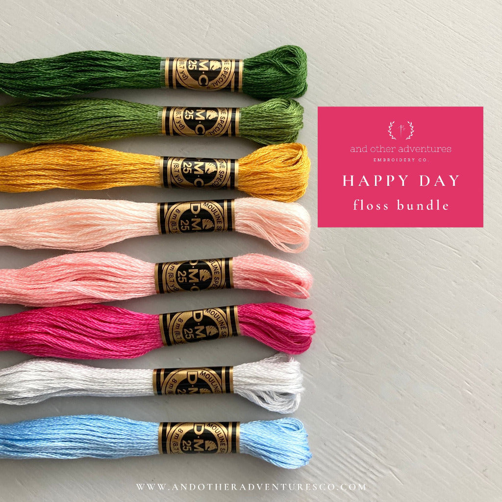 Bright Happy Colors DMC floss bundled by And Other Adventures Embroidery Co