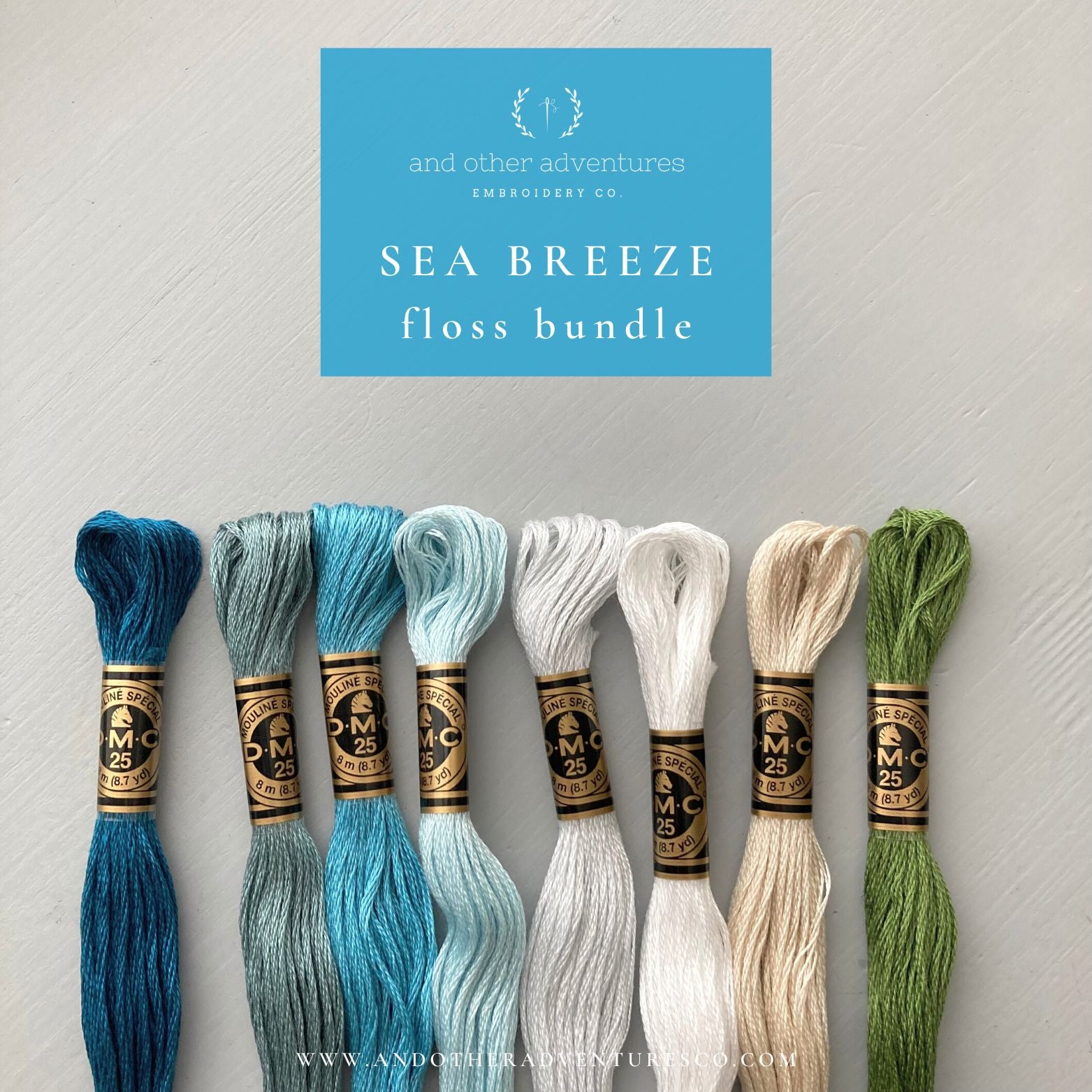 Give your next embroidery project that breezy ocean vibes with these carefully selected DMC floss colors. Curated Embroidery Thread Bundle by And Other Adventures Embroidery Co