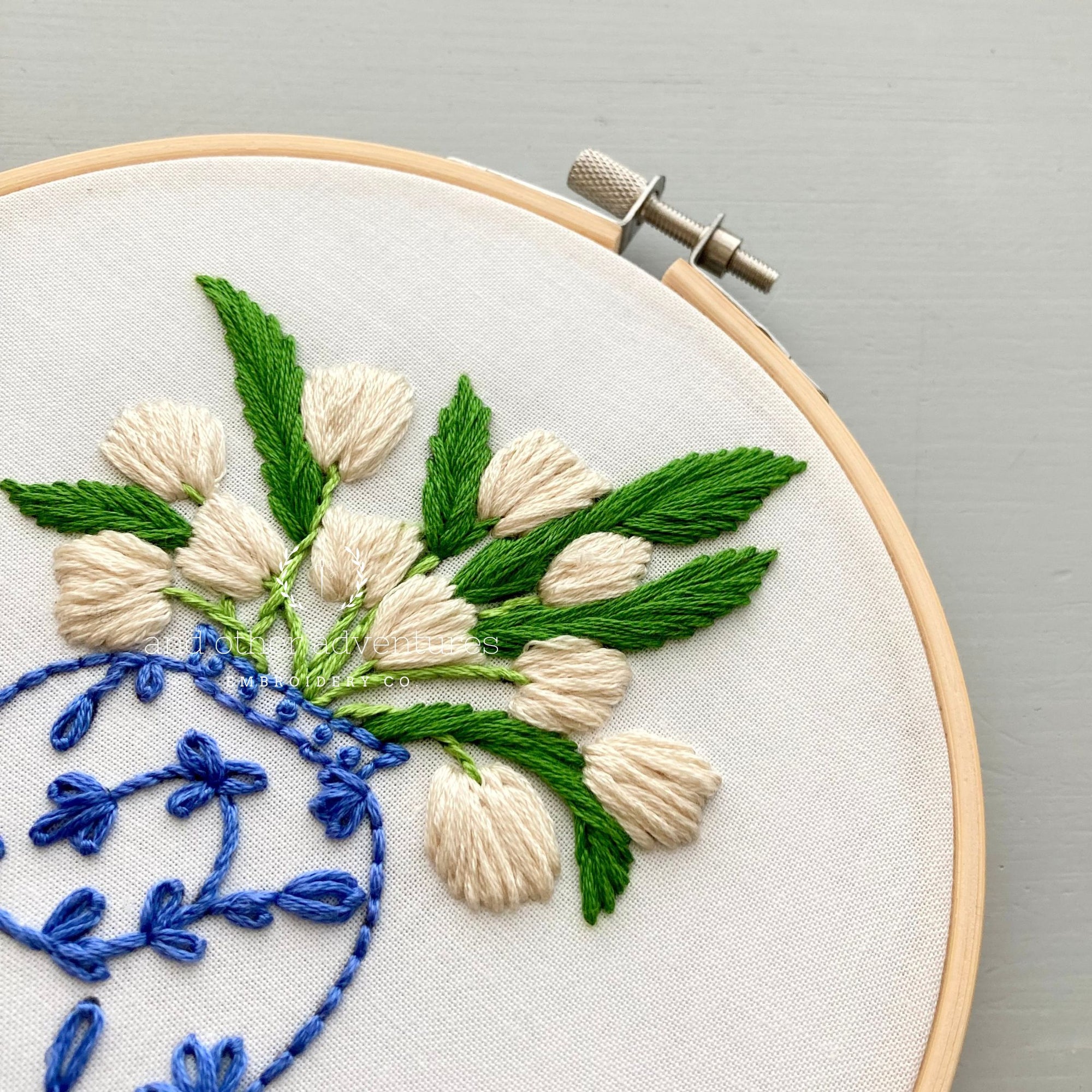 Hand Embroidered White Tulips in Ginger Jar by And Other Adventures Embroidery Co