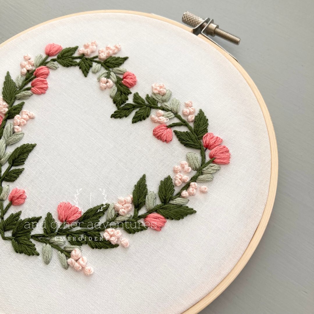 Hand Embroidered Pink Flower Heart DIY Stitching Project, perfect for nursery, And Other Adventures Embroidery Co