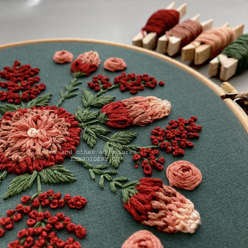 Green & Red Floral Berries Embroidery Kit | And Other Adventures Embroidery Co