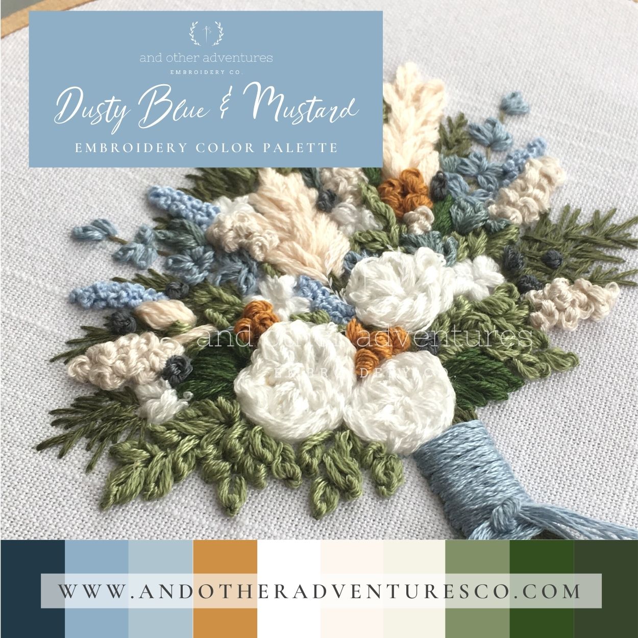 Dusty Blue & Mustard Embroidery Floss Color Palette | And Other Adventures Embroidery Co