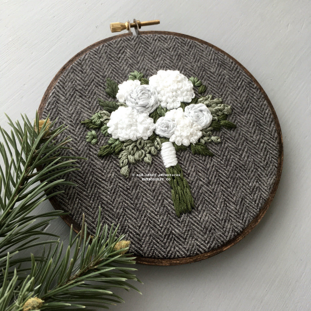 Hand Embroidered Winter White Flower Bouquet Hoop Art | And Other Adventures Embroidery Co
