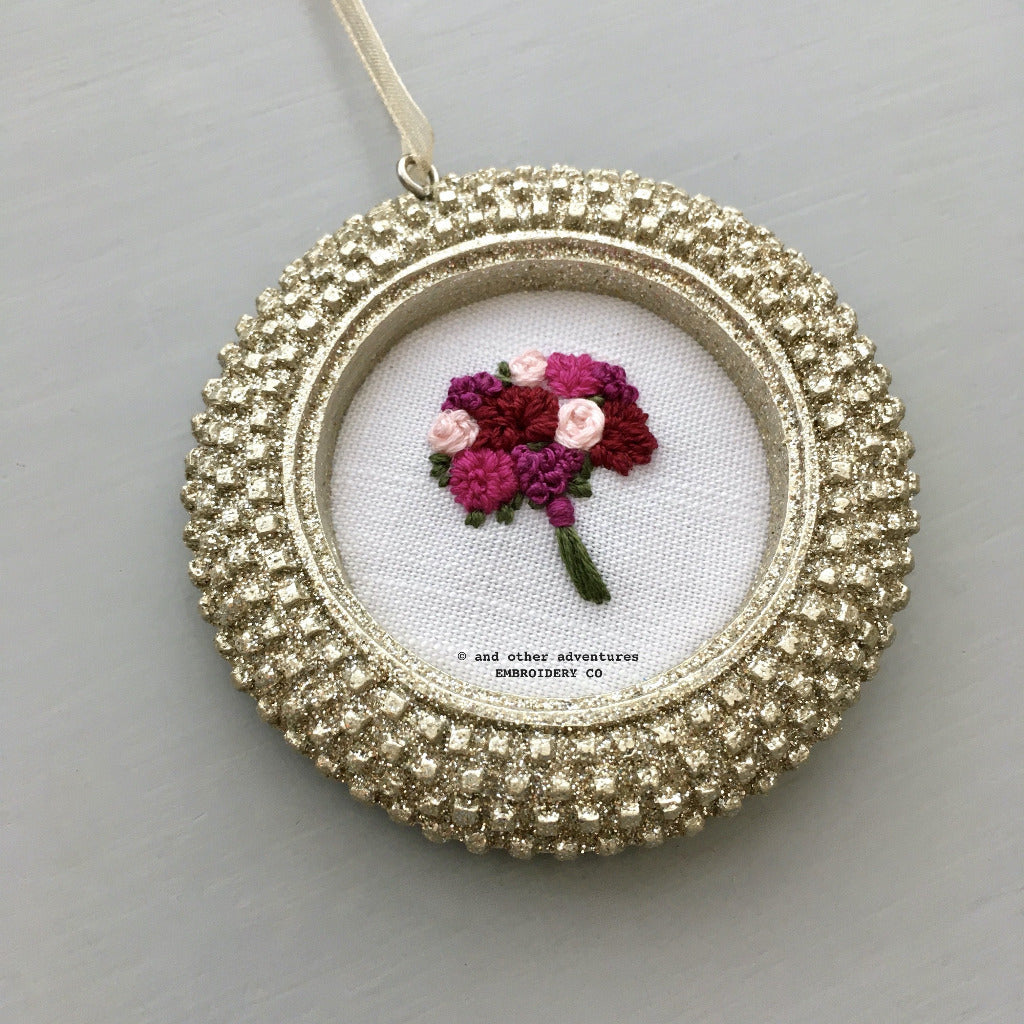Hand Embroidered Floral Bouquet Glitter Christmas Ornament | And Other Adventures Embroidery Co