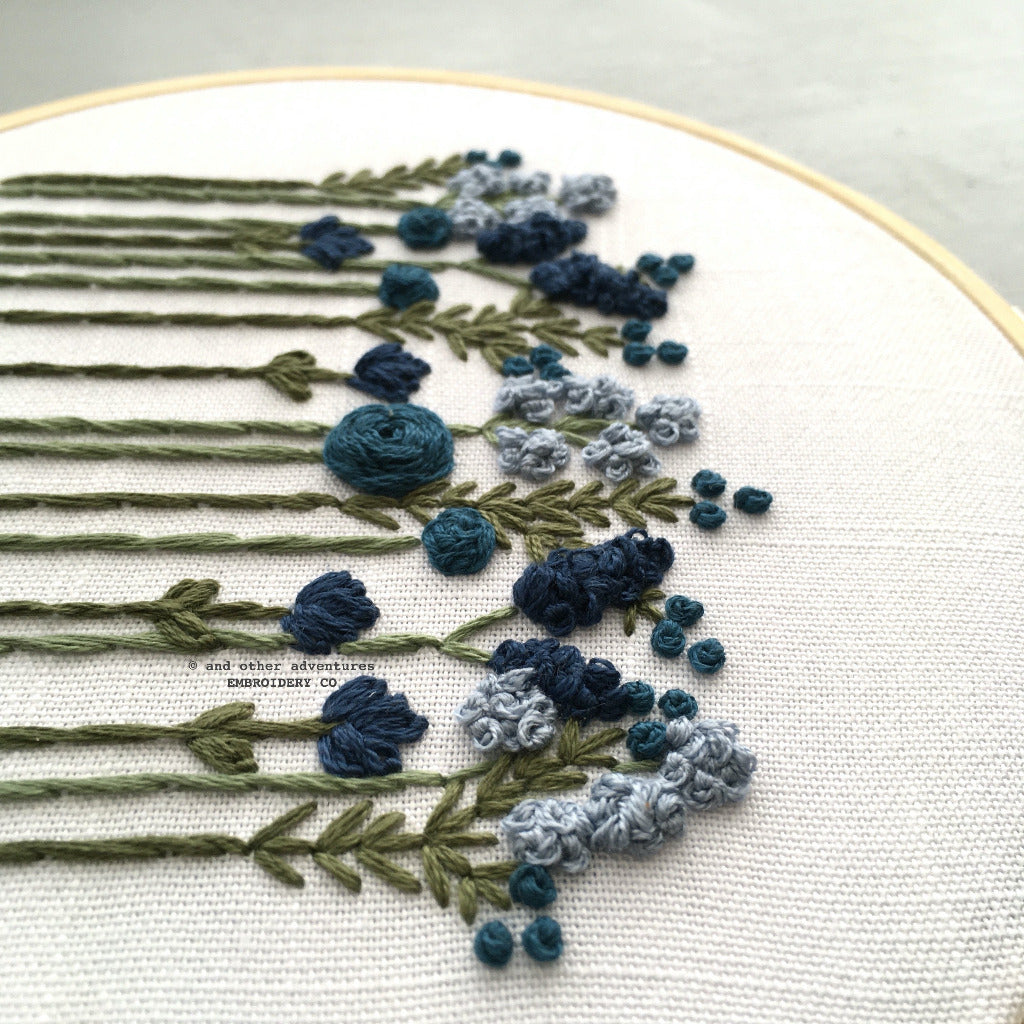 Hand Stitched Navy Blue and Teal Flowers Hoop Art | And Other Adventures Embroidery Co