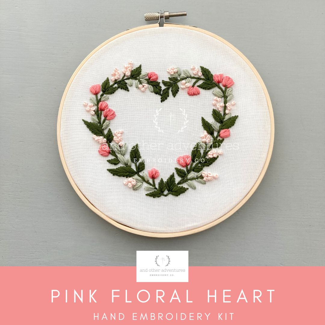 Pink Floral Heart Hand Embroidery Kit for Beginners by And Other Adventures Embroidery Co