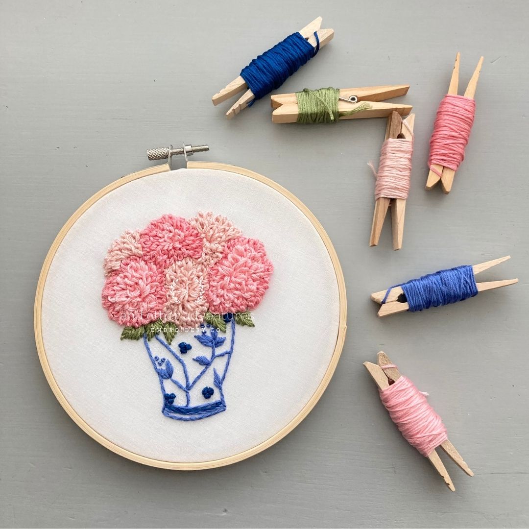 Hand Embroidered Pink Dahlias in a Blue Ginger Jar Hoop Art | And Other Adventures Embroidery Co