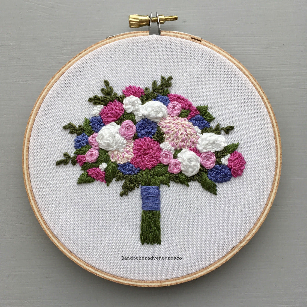 Pink and Periwinkle Hand Embroidered Floral Bouquet | And Other Adventures Embroidery Co