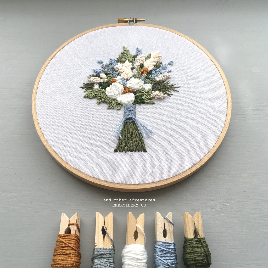 Light Blue and Ivory Flower Bouquet Hand Embroidered by And Other Adventures Embroidery Co