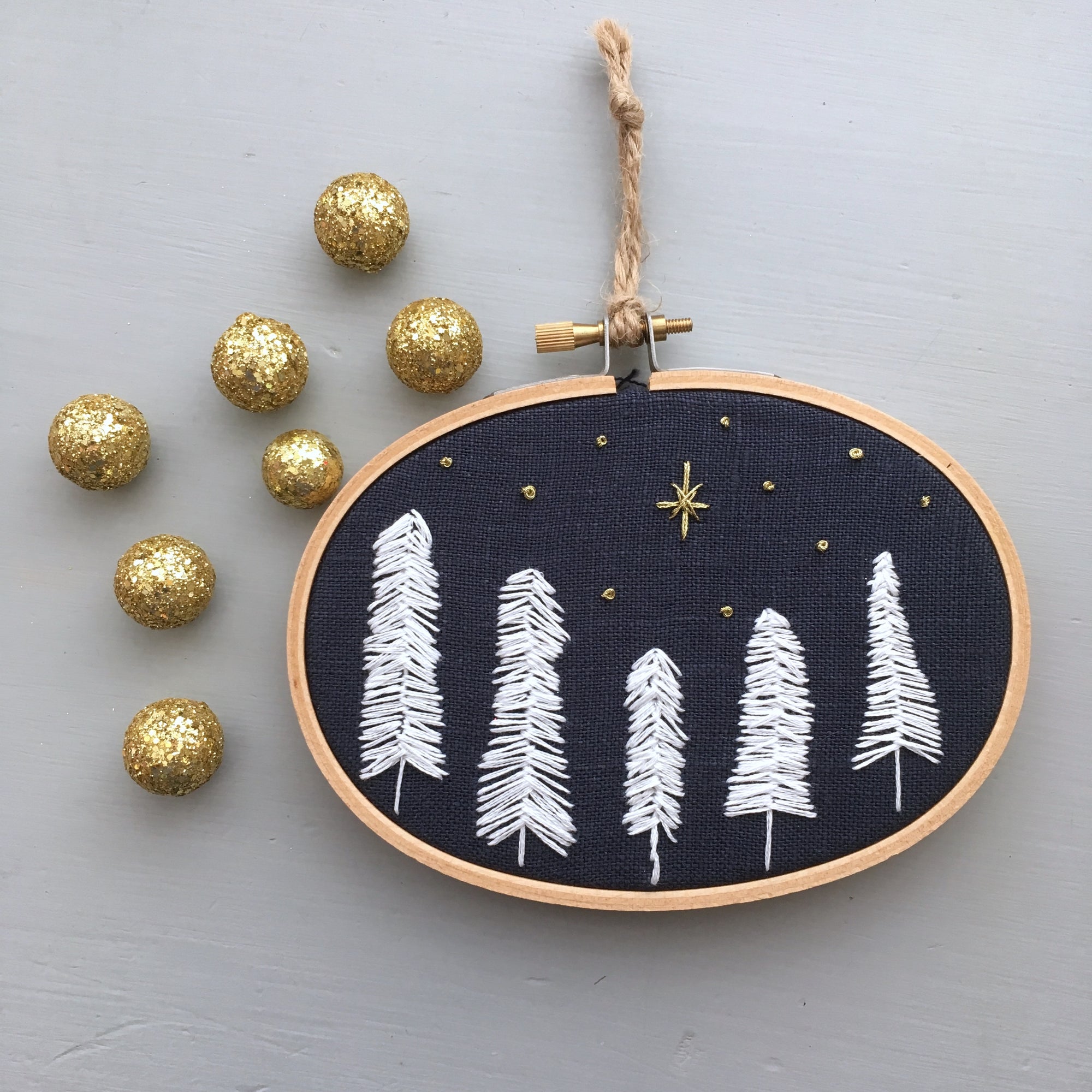 Hand Embroidered Navy and White Christmas Ornament Starry Night