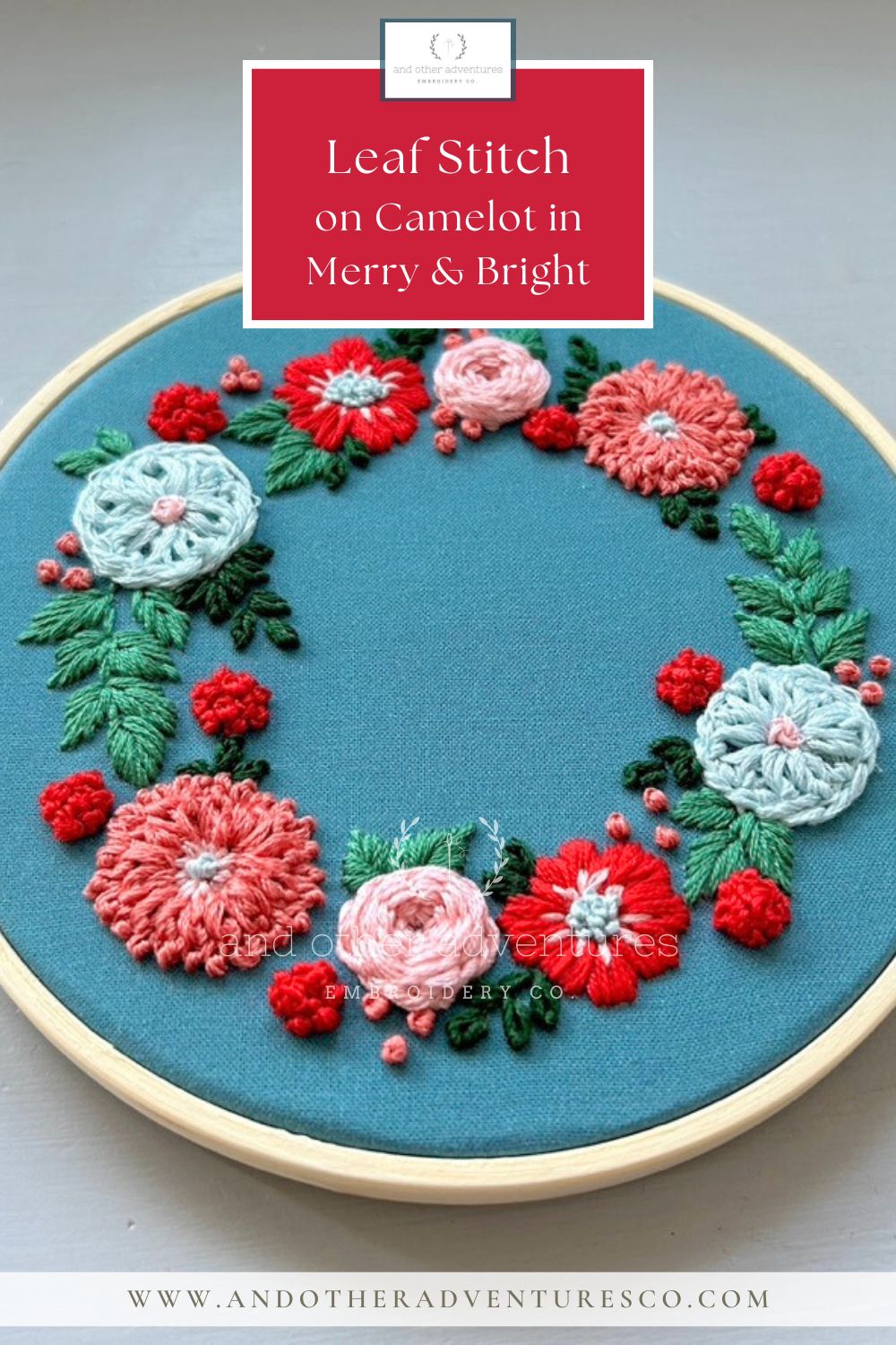 Hand Embroidery stitching video showing how to do a leaf stitch of this embroidered Christmas wreath design by And Other Adventures Embroidery Co