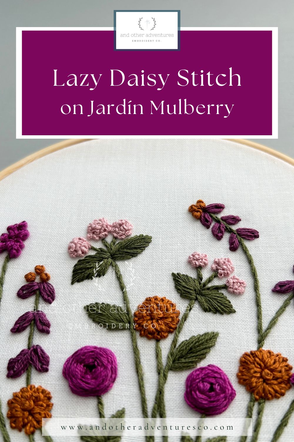 Lazy Daisy Stitch on Jardin Mulberry by And Other Adventures Embroidery Co