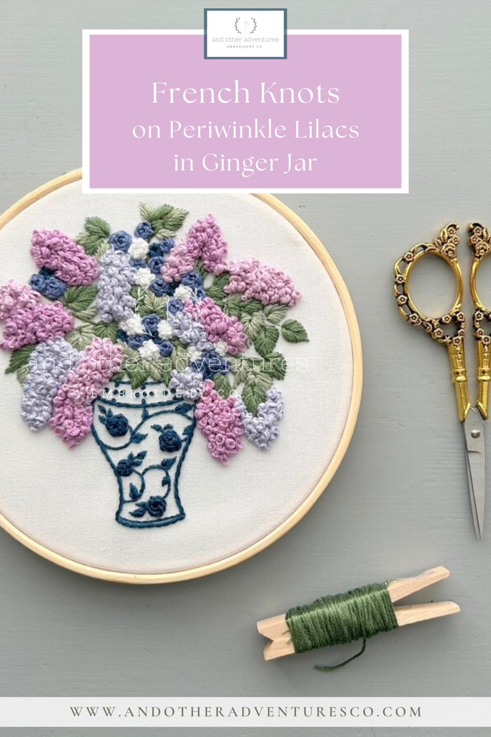 French Knots of Periwinkle Lilacs in Ginger Jar hand embroidery kit by And Other Adventures Embroidery Co