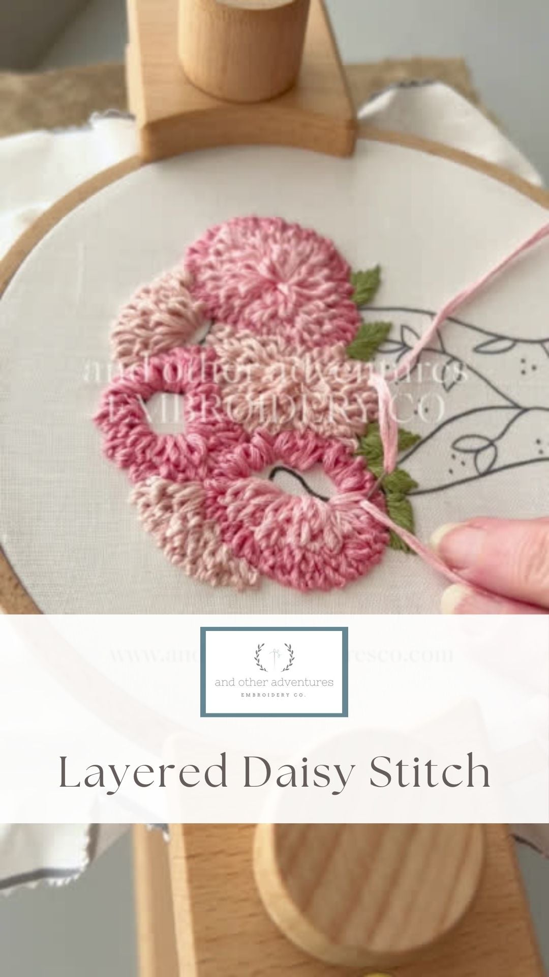 Behind the scenes - Layered Daisy Stitch of Pink Dahlias embroidered by And Other Adventures Embroidery Co