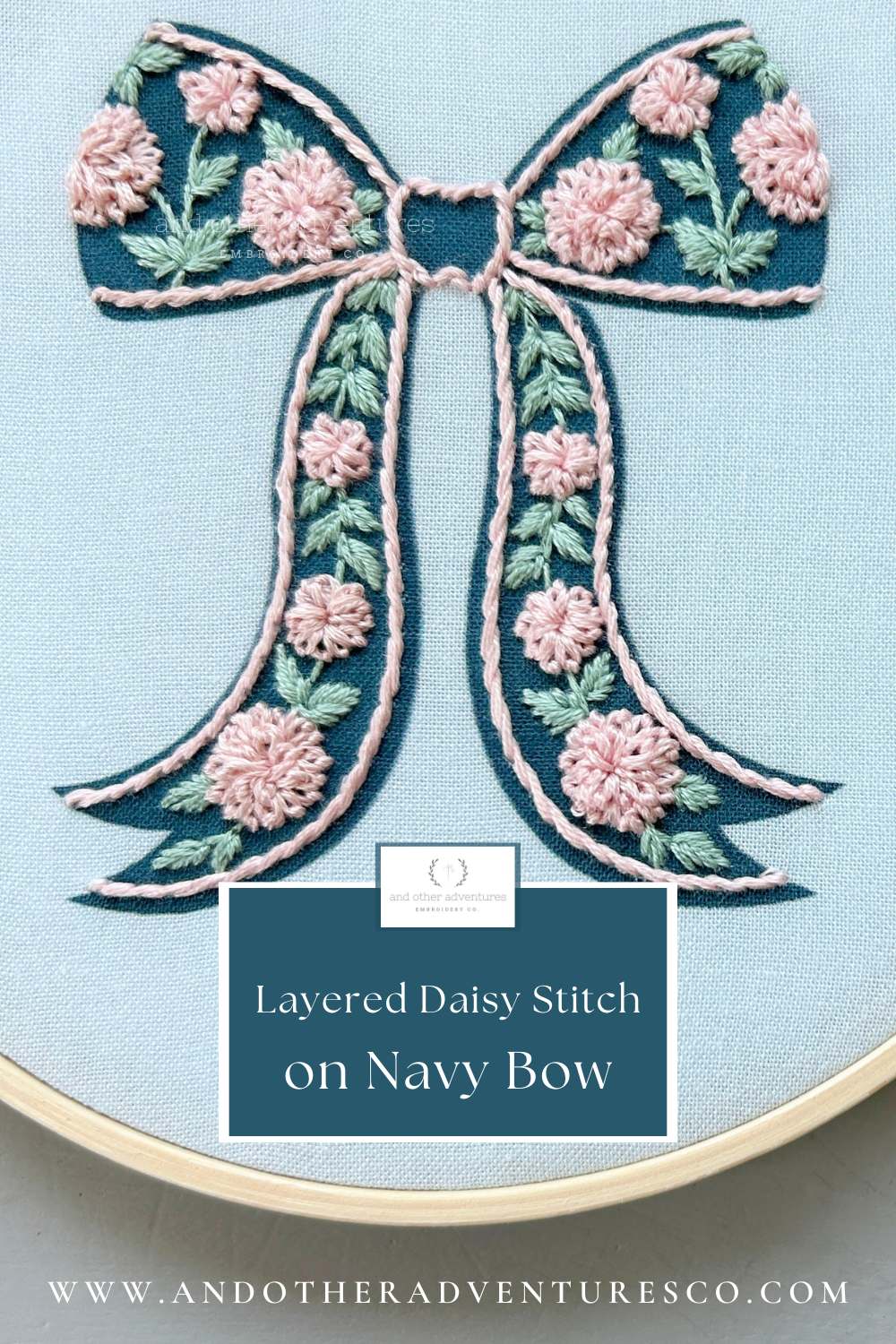 Layered Daisy Stitch on Navy Bow - hand embroidery video by And Other Adventures Embroidery Co