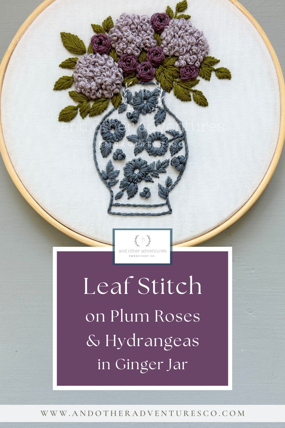 Plum Roses + Hydrangeas in Ginger Jar - video Tutorial by And Other Adventures Embroidery Co