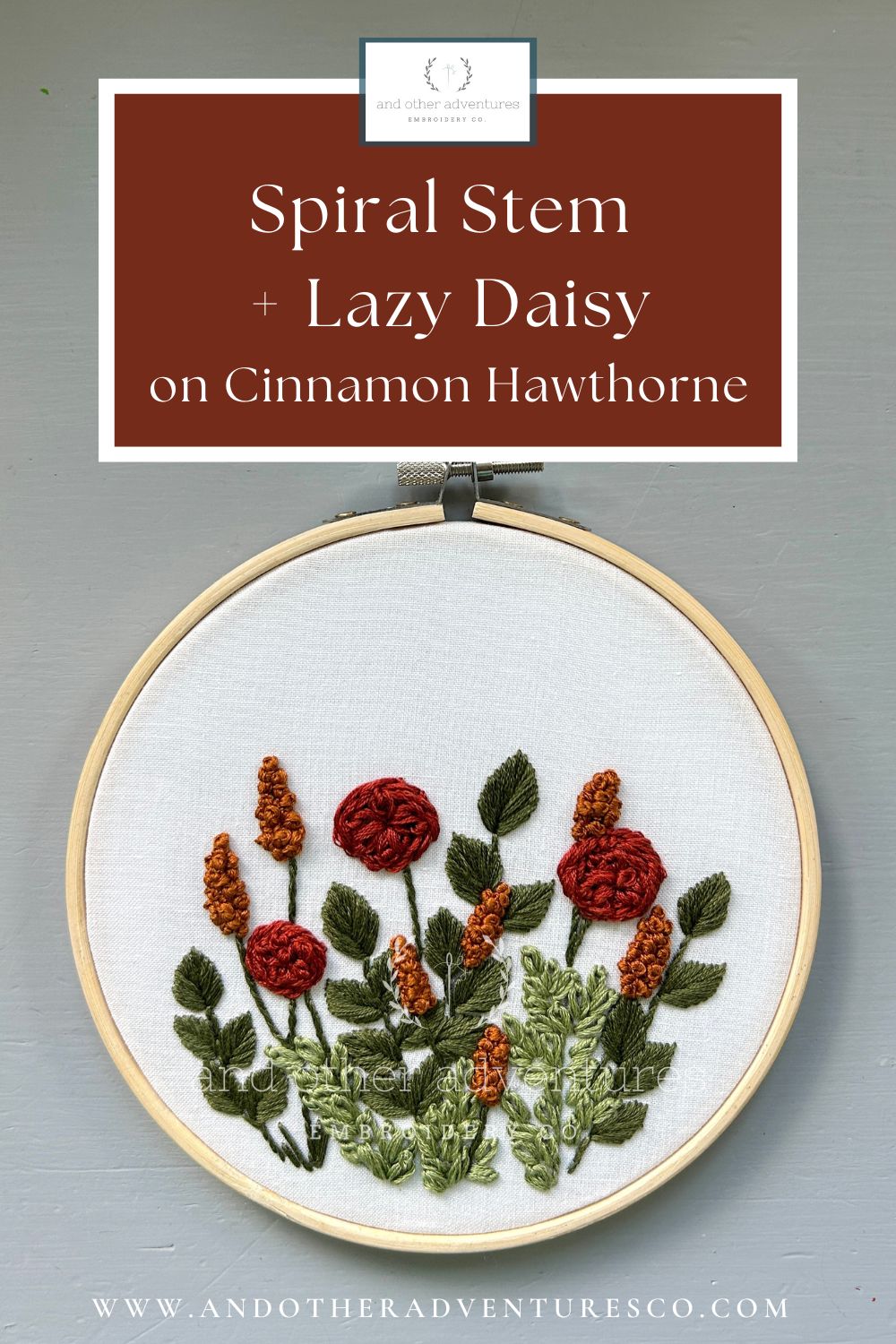 Spiral Stem + Lazy Daisy on Cinnamon Hawthorne embroidery kit by And Other Adventures Embroidery Co