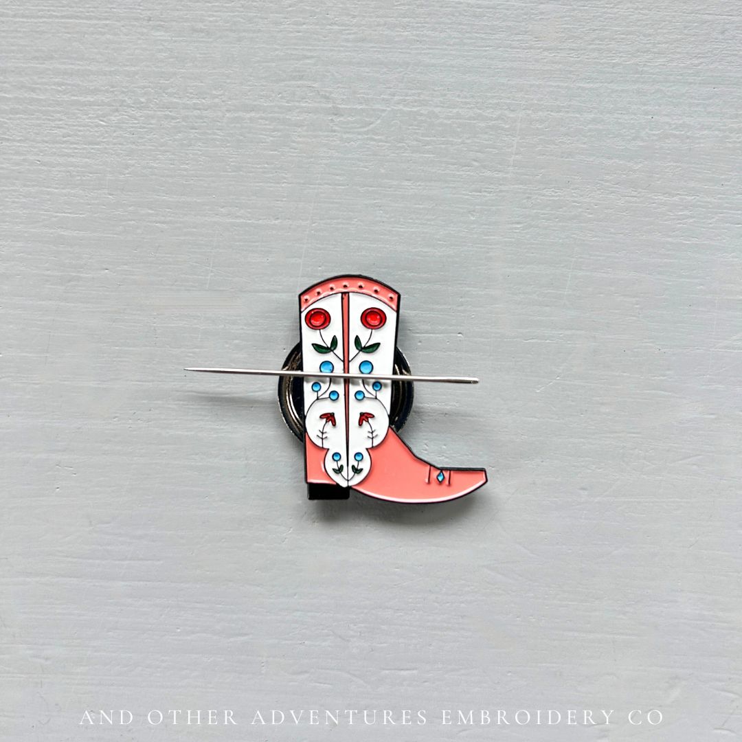 Pink Cowboy boot-shaped magnetic needle minder by And Other Adventures Embroidery Co