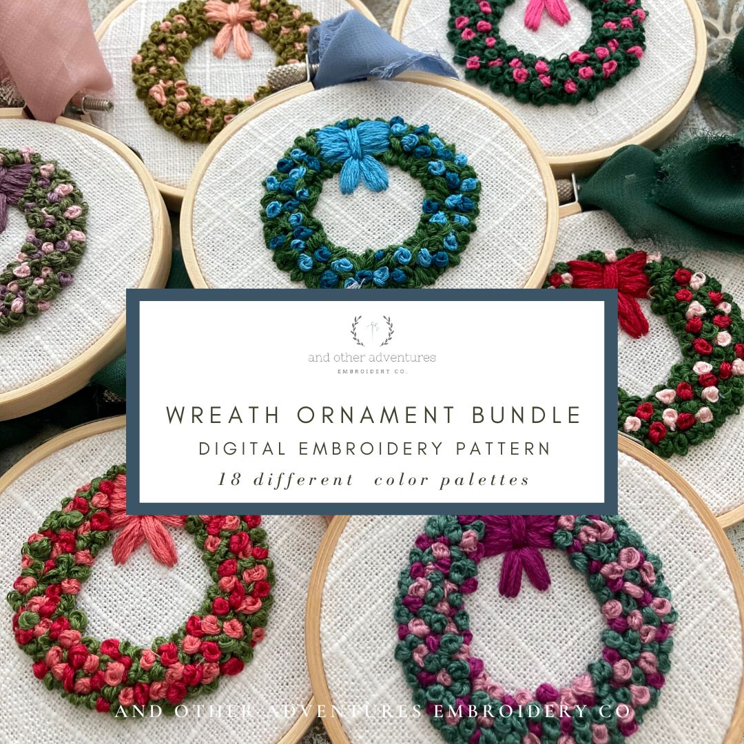 Embroidered Wreath Ornament Bunde - Digital Hand Embroidery Pattern featuring 18 different color palettes by And Other Adventures Embroidery Co