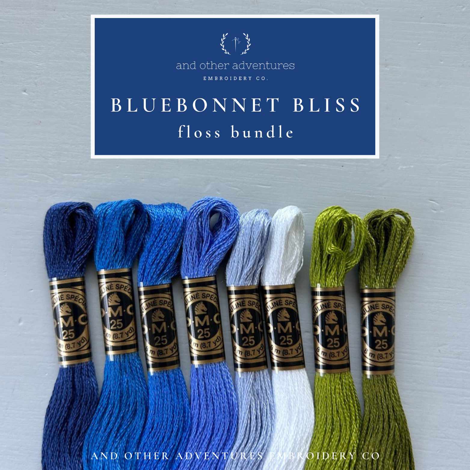 Bluebonnet Bliss floss bundle with full skeins of DMC embroidery floss